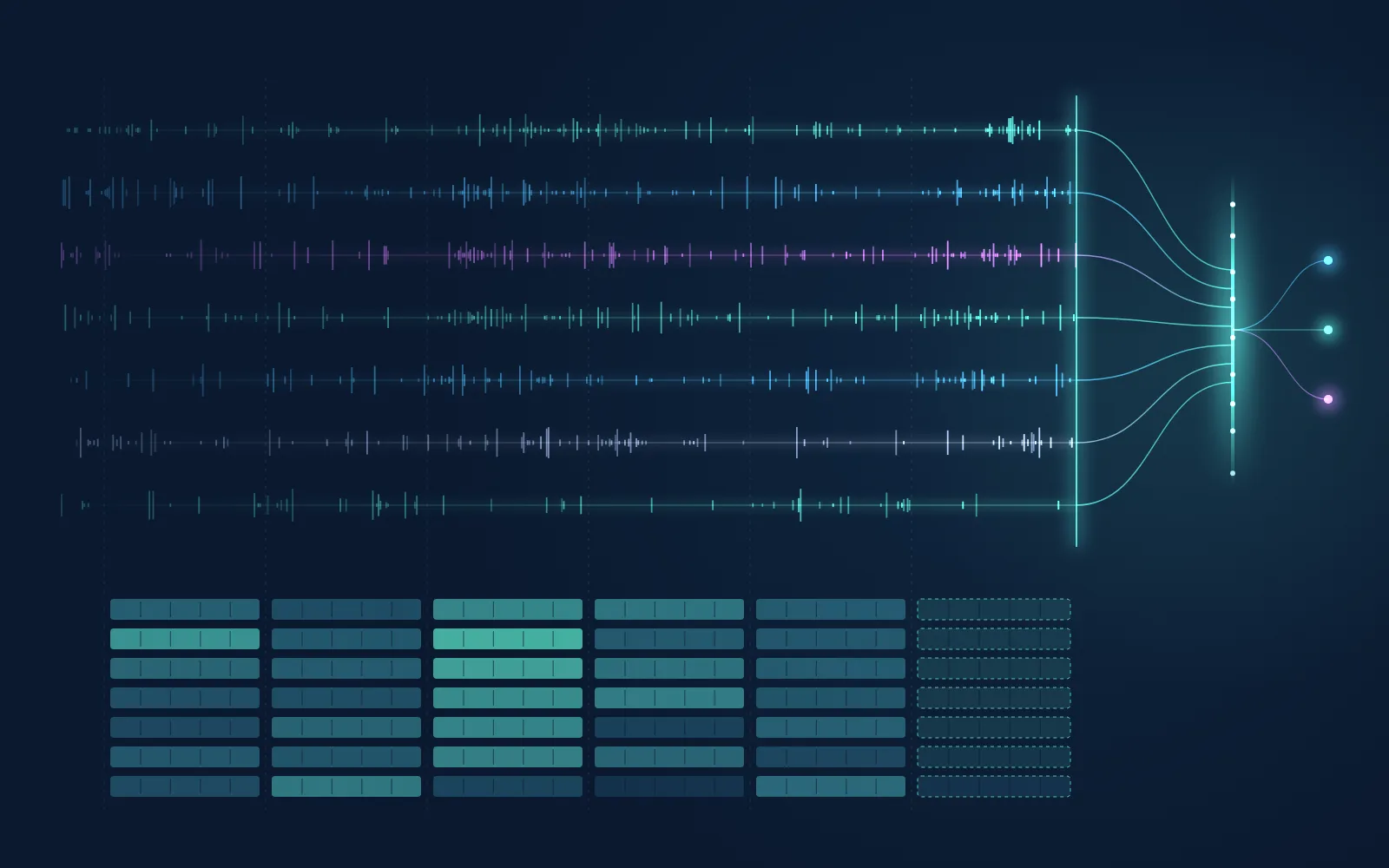 Illustration: seven data streams flow into a message bus while each hour is written out as a block per stream